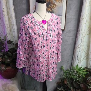 Talbots Petites XLp Pink Monkey Print V‎ Neck Tunic Top Shirt 3/4 Sleeve